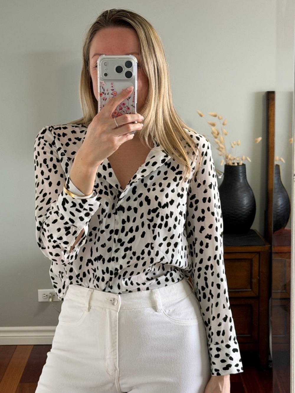 Topshop Petite Long Sleeve Blouse Black and White Dots Size XS